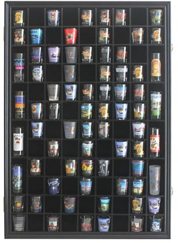 100 Shot Glass Display Case Holder Shadow Box Wall Cabinet, with Acrylic Door, Black Finish (SC15-BL)