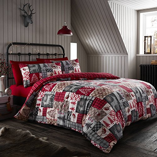 Happy Linen Company Wendbares Bettwäsche-Set mit weihnachtlichem Patchwork-Design - Einzelbett - Rot