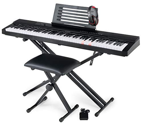 McGrey SK-88 Keyboard Super Kit - Einsteiger-Keyboard in Stagepiano-Optik mit 88 Leuchttasten - 146 Klänge - inklusive Sustain-Pedal, Keyboardständer, Hocker und Kopfhörer - schwarz