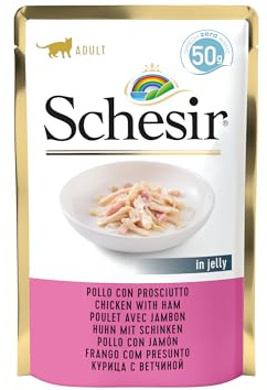 Schesir, Feuchtnahrung für erwachsene Katzen mit Hähnchen und Schinken in weichem Gelee - (30 Beutel à 50 g)