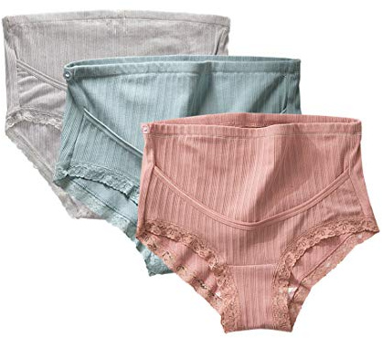 FEOYA Umstands-Slips Umstandsunterwäsche Umstands-Höschen-Set Schwangerschafts-Slips Unterwäsche für Schwangere, 3 Stück Rosa Grau Blau, Gr.XXL