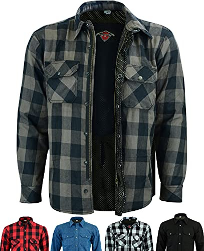 Texpeed Camisa moto hombre protecciones - Chaqueta de cuadros de motociclista fabricada con Aramid 280 g/m2 con armadura de protección (EN 1621-1) Gris - M