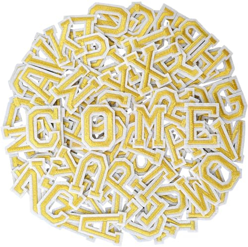 AXEN 52pcs Alphabet A to Z Patches, Iron on Sew on Letters for Clothes, Classic Gold