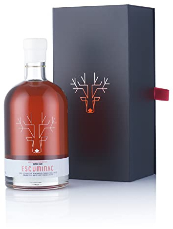 Escuminac Sirop d’Érable Extra Rare 500 ml Coffret | Sirop d’érable bio du Québec dans une bouteille en verre avec coffret.