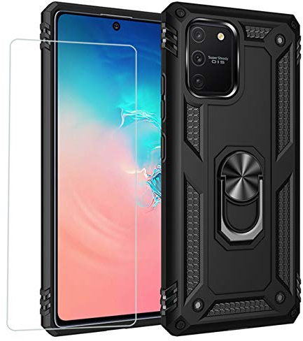 Joytag Hülle für Samsung S10 Lite 2020 handyHülle+ panzerglasfolie Silikon TPU 360 Grad Drehring aus Halter magnetisch Autotelefon case-Schwarz