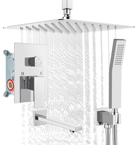 gotonovo Shower System with Tub Spout 12 Inch 3 Function Ceiling Mount Rainfall Shower Head with Handheld Spray Bathroom Luxury Shower Faucet Set with Rough-in Valve Trim Kit,Polish Chrome