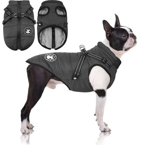 Hundemantel für Kleine Hunde, Hundejacke mit Geschirr, Wasserdichter Warmer Hund Wintermantel für Kleine Mittlere Hunde, Maschinenwaschbarer Reflektierender Streifen Design Haltbarer D-Ring Schwarz