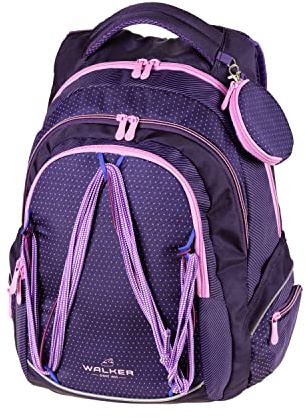 Walker SchulRucksack Fame Twist Violett mit 3 Fächern, Seitentaschen und Gummiseil, SchulTasche inkl. RückenPolsterung und verstellbarem Hüft, Schulter und Brustgurt, wasserabweisend