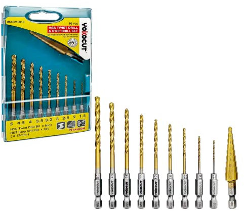 YOKOCUT 10-tlg Titan Bohrerset, Sechskantschaft Schnellbohrkronen, 1,5-5 mm Schnellarbeitsstahl, Titan-beschichteter HSS Bohrersatz, Schnellwechsel, 6.35mm Sechskantschaft | Stufenbohrer 4-12 mm