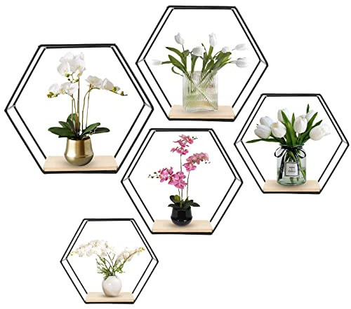 panthem Hexagon Wandregal Schwarz Metall 5er Set, Regal Wand Deko Hängeregal Loft Wandregale, Regal Schwarz für Wanddeko in Wohnzimmer, Schlafzimmer, Bad, Café und Hotel