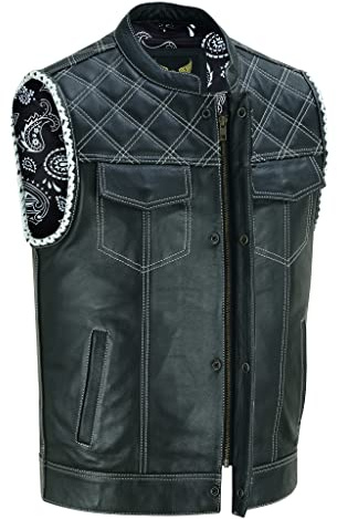 Leatherick Chaleco de motociclista de cuero negro para hombre Forro de satén Paisley tradicional con costuras de diamante blanco y trenzado trenzado a mano en el agujero del brazo (L-EUR52)