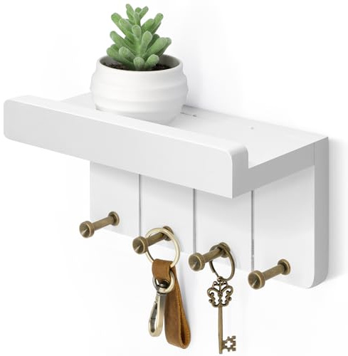 Rebee Vision Small Key Holder Wall Mount - Aesthetic Room Decor with 4 Study Hooks and Mini Floating Shelf - Ideal Apartment Essentials for Farmhouse Living Room and Home Decor (Modern White)