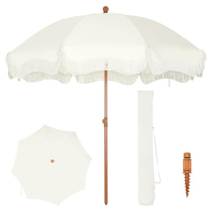 PHI VILLA Strandschirm mit Fransen und Sandanker, strapazierfähig, winddicht, tragbar, Quasten-Regenschirme für Sand, mit Druckknopf-Neigung und Tragetasche, UPF 50+, Weiß (ohne Boden), 2,1 m