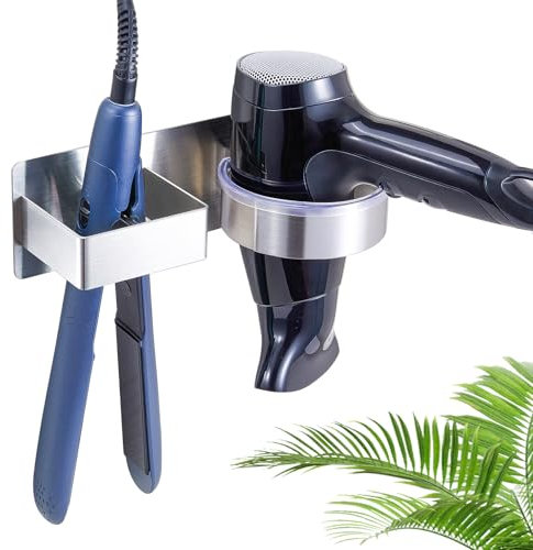 WAYASI Glätteisen Halterung Ohne Bohren, Föhnhalter Wand, Föhn und Glätteisen Halterung Aufbewahrung, Fönhalterung Wandhalterung, Halterung für Fön, Selbstklebend Haartrocknerhalter (Silber)