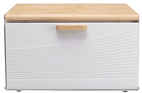 Portapane in Ferro per Bancone da Cucina Contenitori Trapezoidali per Pane di Grande Capacità con Coperchio Ribaltabile in Legno Contenitore per Pane per Cucina Ristorante(Bianco)