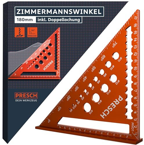 Presch Zimmermannswinkel 180mm - Vielseitige Bohrlehre für exakte Durchmesser - Hochpräzise gefrästes Aluminium für exakte 90° Winkel - Sorgfältig verarbeitete, widerstandsfähige Beschichtung