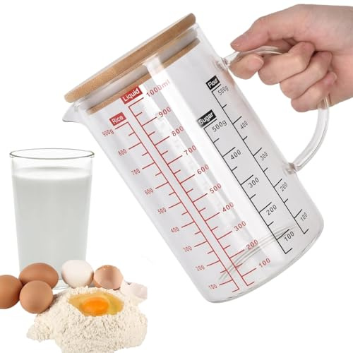 VIFERR Jarra de Medición, Taza Medidora de Vidrio Resistente Al Calor con Tapa de Madera a Escala para El Hogar, Cafetería, Pastelería(1000ml)