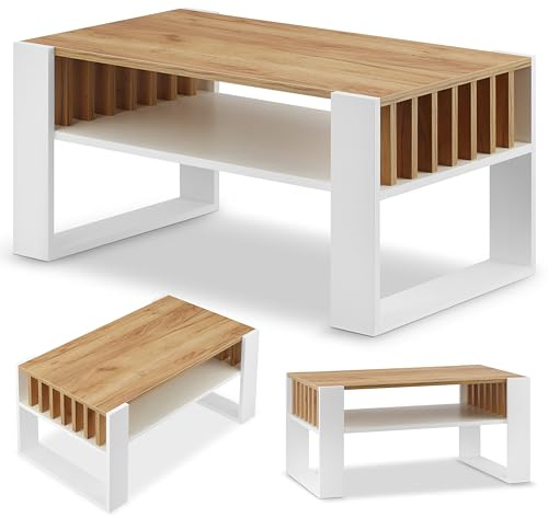 defiPad® mesa de centro moderna con espacio de almacenamiento, 92 cm de ancho, mesa de café con Lammelas, roble macizo y estable