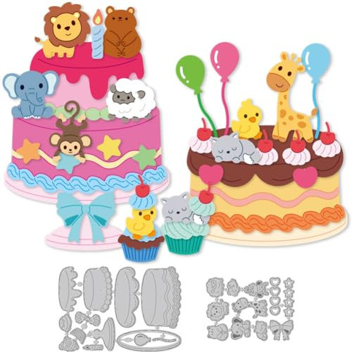 DELORIGIN 2Set Stanzformen Mit Tierische Torte Luftballons Stempel Geburtstag Stanzschablone Geburtstag Spitze Stanzschablone Neuheiten Für DIY Hochzeit Papierbastelarbeiten Alben Geschenkdekor