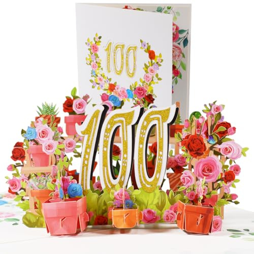CNLITIHEKA Pop Up Karten zum 100. Geburtstag,Glückwunschkarten zum 100. Geburtstag,Popup-Karte zum 100. Geburtstag, Geschenkkarte zum Geburtstag mit Notiz und Umschlag.