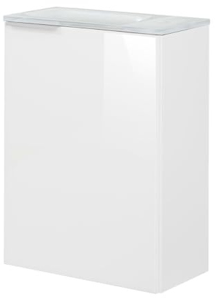 FACKELMANN Kara Gäste-WC Set 3 Teile – Waschtischunterschrank mit Glasfront in Weiß mit Waschbecken aus Glas in Weiß – SBC Waschbecken beleuchtet – Türanschlag rechts – 45 cm breit