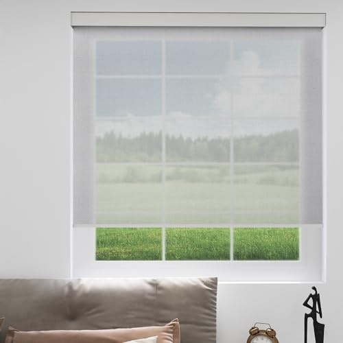 YESCENT Motorized Window Roller Blinds Rechargeable Electric Motor Solar Shades Transparent Sight Customized Size for Home Office Hotel Club Restaurant (82006Q-Light Grey)