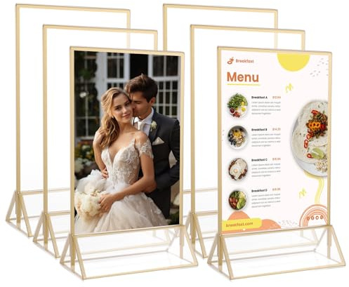 6 Pack A6 Acryl Gold Tischkartenhalter, A6 Doppelseitiger Tischmenü Display Ständer, Klare Acryl Ständer Hochzeit Tischaufsteller für Restaurant Einzelhandel, Bilderrahmen, Tischplatte, Papierhalter