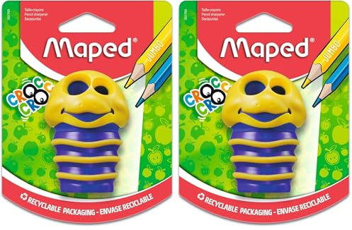 Maped - Bleistift-Anspitzer, Dosen-Anspitzer CROC CROC Raupe, für dünne und dicke Stifte - grün, gelb, pink (Packung mit 2)