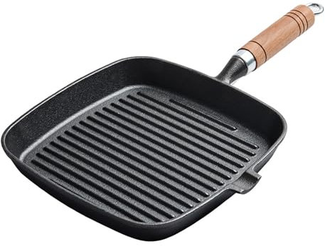 Gavigain Poêle à griller en fonte, surface antiadhésive, marques de gril authentiques, manche en bois, passe à l'induction et au four, idéale pour la cuisson des steaks et de