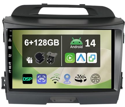 9 [6G+128G] Android 14 Autoradio per Kia Sportage 2010-2016-[Integrato Wireless CarPlay&Android Auto | DSP | Mirror Link | GPS Sat Nav | BT 5.0 | WiFi | 360° Panoramica]+AHD Camera & MIC