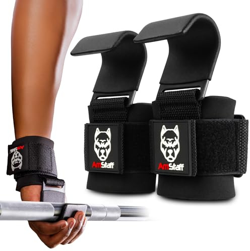 AmStaff Fitness Weight Lifting Hooks (Pair, Black) - Gym Wrist Straps with Steel Hooks for Weightlifting, Pull-Ups, Deadlifts, Strength Training, and Fitness Workouts - Adjustable Neoprene Wrist Support
