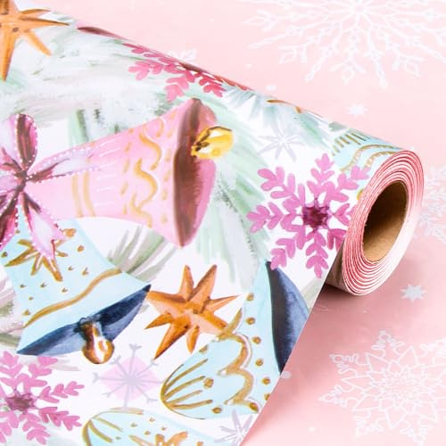 Wikadlik Wendbares Weihnachts-Geschenkpapier, 43 cm x 10 m, bunte Glocke, Schneeflocke, romantisches Design, Geschenkpapier für Urlaub, Party, Feier