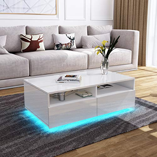 LED-Beleuchtung Couchtisch für Wohnzimmer, Hölzerner Mitteltisch Teetisch | Weiß Glanz Couchtisch, Rechteckiger Wohnzimmertisch Beistelltisch, 4 Schubladen, Offenem Fach