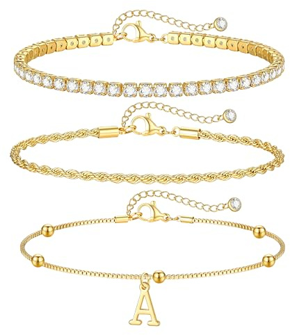 JIAOGE Gold Bracelets for Women - A Initial Bracelet Gold Bracelet Stack Easter Gifts for Teen Girl Gifts Trendy Stuff Tennis Bracelets for Girls Gift for Teenage Girls Gift for Girl Gold Jewelry