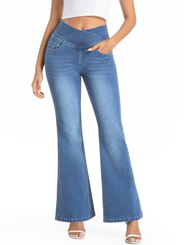 VX VONXURY Vaqueros Elásticos Mujer Acampanados Cintura Alta Lavado Push Up Levanta Glúteos Control Abdominal Pantalon Campana Mujer con 4 Bolsillo, ​Azul Genuino​​