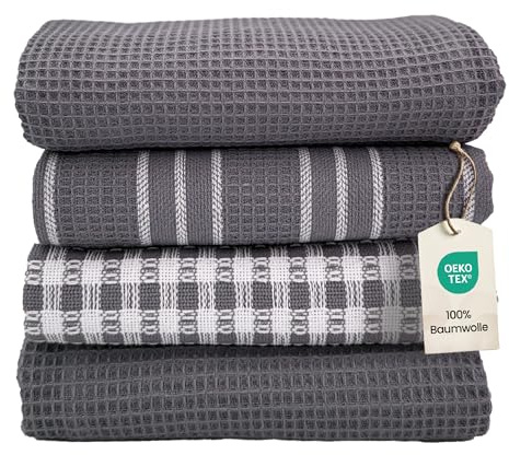 B-Bytes Geschirrtücher Baumwolle 4er Set – 45×65 cm Küchentücher aus Waffelpique, Saugstark und Langlebig – Anthrazit