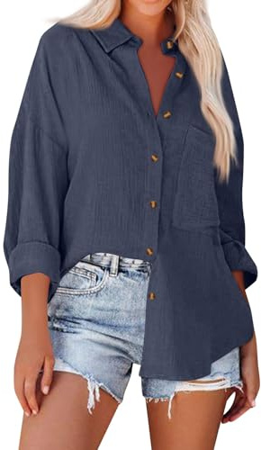 Chemisier Lin Femme Manches Longues Col V Boutons et Poches Chemise Gaze de Coton Blouse Femme Chic et élégant Tunique Lin Grande Taille Lâche Respirant Haut Ete, Marine, L