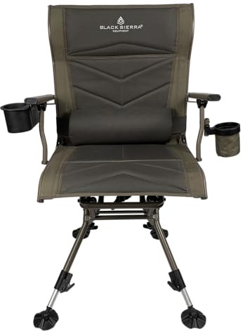 Black Sierra Silent Swivel Hunting Blind Chair with Padded Seat, Headrest, and Detachable Lumbar Support, Heavy Duty Steel Frame, All-Terrain Feet, Cup Holder and Tray