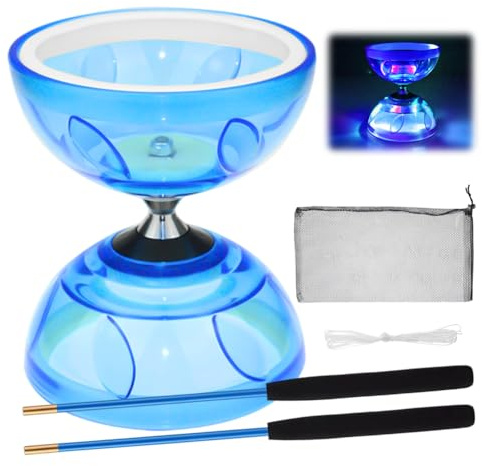 Peelanmall Diabolo LED con cuscinetto a sfera, corridore libero, set giocoliere, luminoso al buio, 3 cuscinetti, bastoni e corda, giocattolo da giocoleria circo (blu)