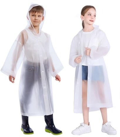 BIgGouannie Raincoat for Kids,2 Pcs Kids Rain Coat for Girls and Boys,Waterproof Rain Poncho Reusable EVA Raincoat Portable Rain Poncho with Hood for Camping,Emergency,Travel,School,Hiking