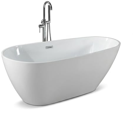 67 Freestanding Acrylic Bathtub, Deep Soaking Tub with Non-Slip Base & Chrome Drain, cUPC Certified, Easy Install, Space-Saving Bathtub, Modern Tub for Bathrooms, White Pearl