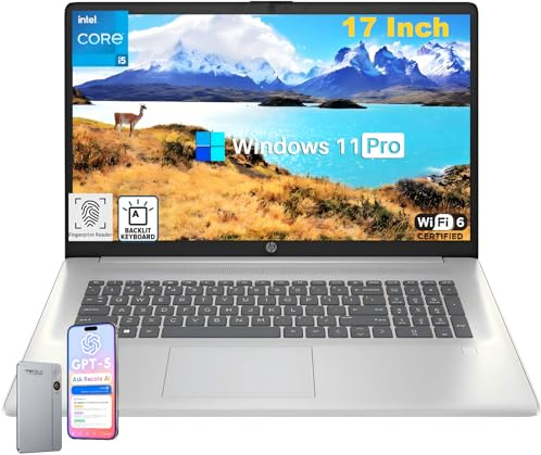 HP 17 Inch Business Laptop, Intel 10-Core i5-1334U(Up to 4.6 GHz), 17.3 HD+ Display, 16 GB RAM, 512 GB SSD, Backlit Keyboard, Fingerprint Reader, Wi-Fi 6, Windows 11 Pro, w/RECOLX AI Voice Recorder