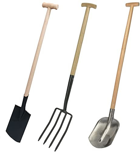 Gartengeräte Set 3 TLG. massiv Holzstiel T-Griff, Garten Geräte Spaten Schaufel Forke (LHS)
