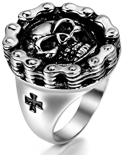JewelryWe Schmuck Herren Ring, Edelstahl, Gotik Totenkopf Fahrradkette Herrenring Band, Silber, Größe 57 bis 67