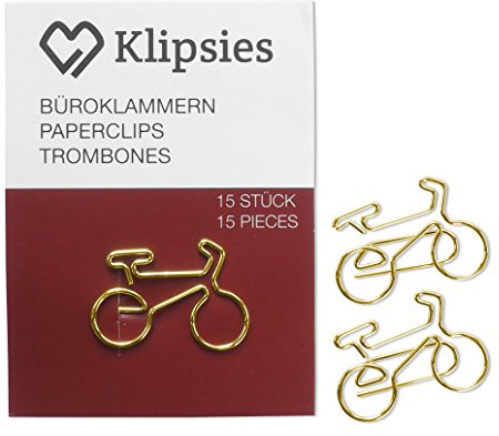 KLIPSIES Fahrrad (Design wählbar) 15 Deko Büroklammern Motiv Heftklammern 1x15 Stück Gold