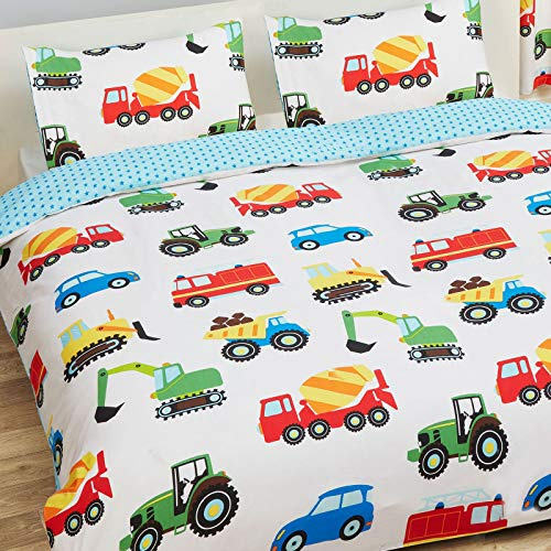 Price Right Home Trucks and Transport Double Duvet Cover Set (DUV848) | 1 Duvet Cover & 2 Pillowcases, Reversible 2-in-1, Easycare Polycotton, Machine Washable, Tumble Dry, Diggers