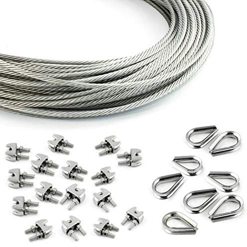 DQ-PP Juego de cuerdas de acero, 2 mm, 40 m, 16 abrazaderas de 2 mm, 8 guardacabos de 2 mm, acero inoxidable, 7 x 7 de dureza media, cuerda de alambre para enredaderas, cuerda de acero inoxidable,