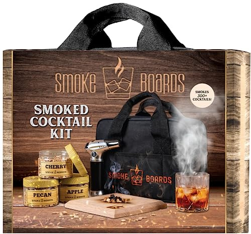 Cocktail Smoker Kit with Torch for Smoking Bourbon Whiskey Cocktails 7 Piece Old Fashioned Smoker Kit with Carrying Case Includes a Handcrafted White Oak Smoking Board with 3 Different Wood Chips