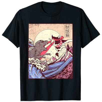 Vintage Retro Japanese Great Wave Cat Vs Monster Otaku Manga Kurzarm T-Shirt