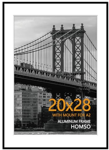 Homso 20x28 Picture Frame in Black, Metal Thin Board 20 x 28 Frame with Acrylic Plexiglass for Poster Pictures A2 with Mat or 20x28 without Mat for Horizontal and Vertical